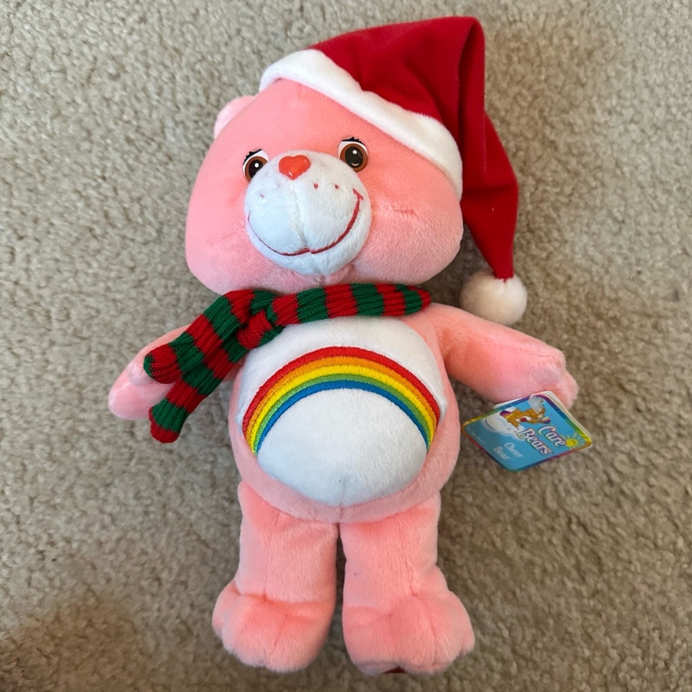 Vintage 2002 Care Bears Cheer Bear 10" Plush w/ Santa Hat Christmas Scarf